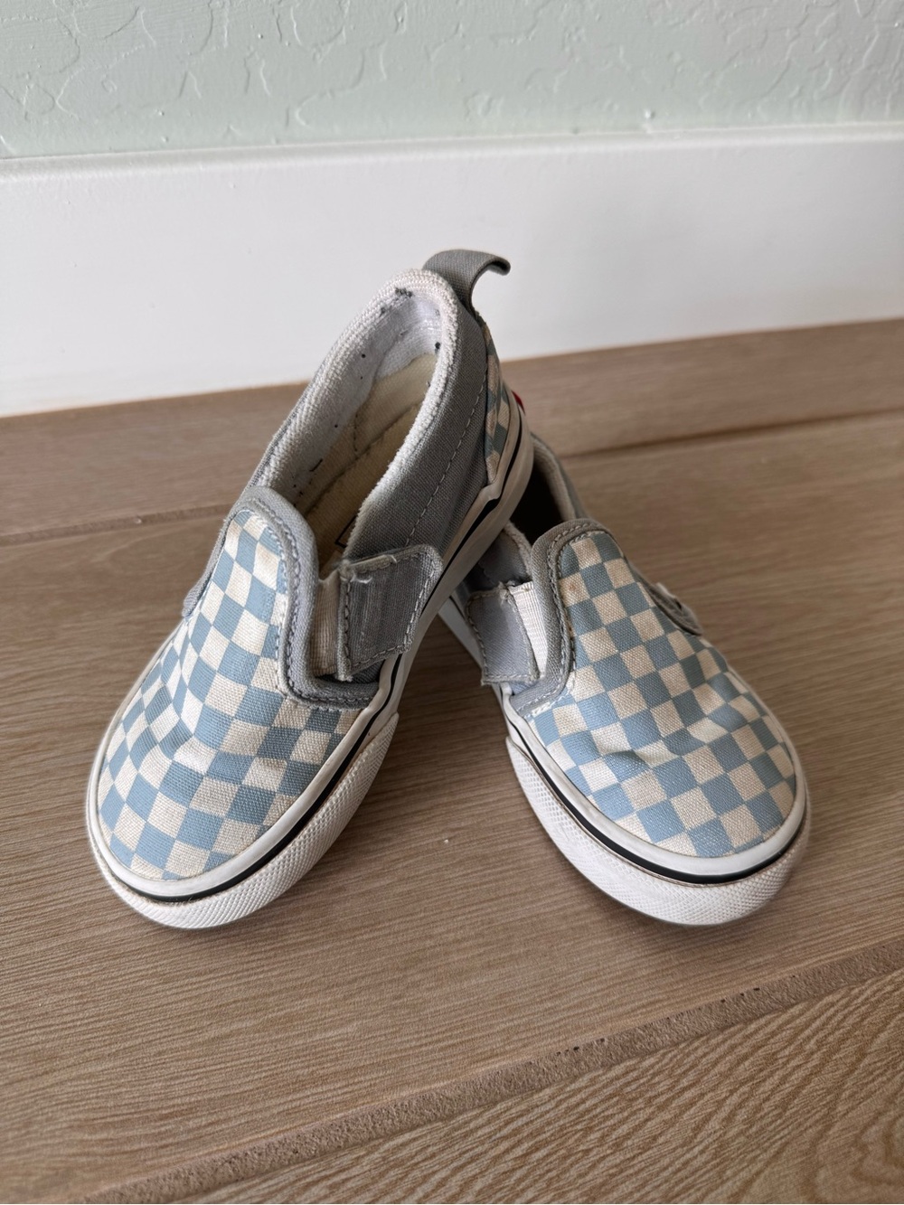 Vans Toddler Slip-On Checkerboard Sneakers in Light Blue and White
